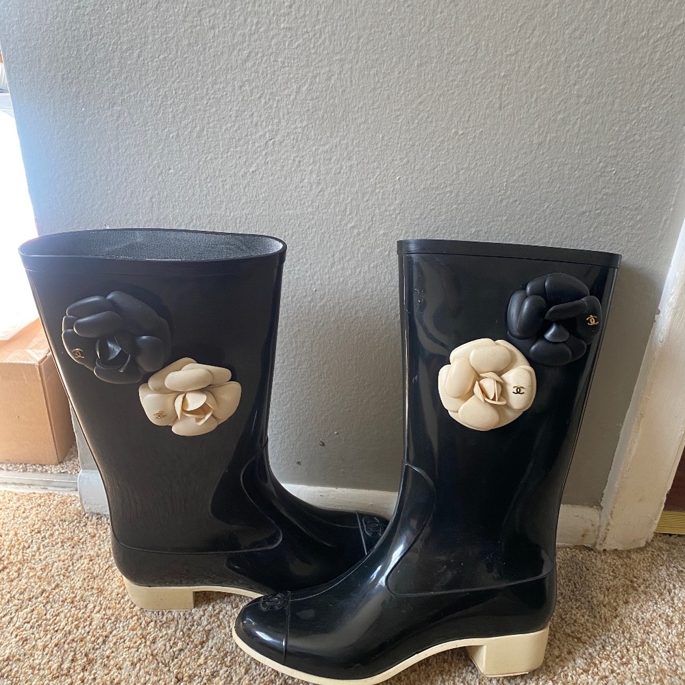 Chanel camellia rain boots vintage